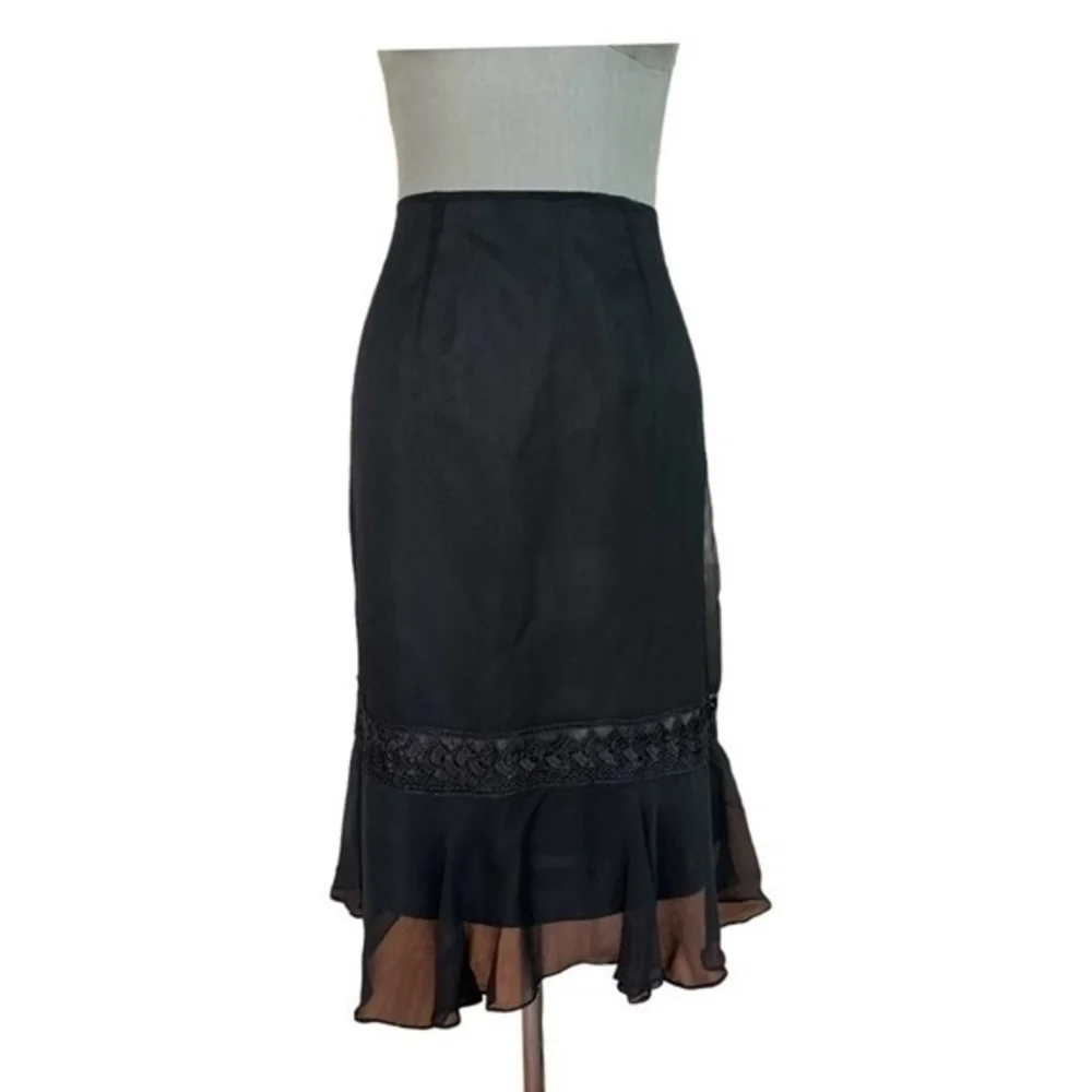 ICE Womens Skirt 10 Black Lace Bead Embellished Midi Silk Crochet Ruffle Hem EXC